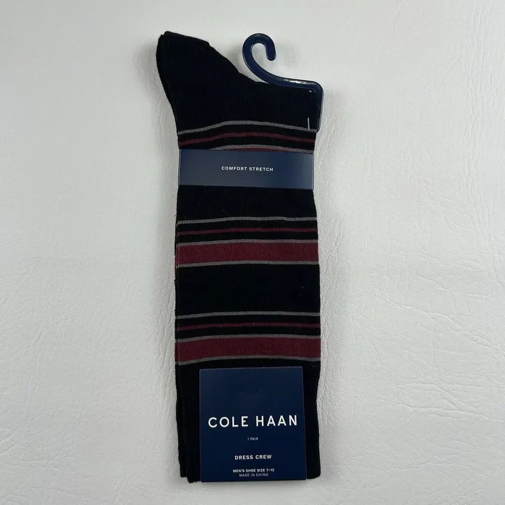Cole Haan Men’s Black Burgundy Striped Dress Crew Socks Comfort Stretch 7-12 NWT